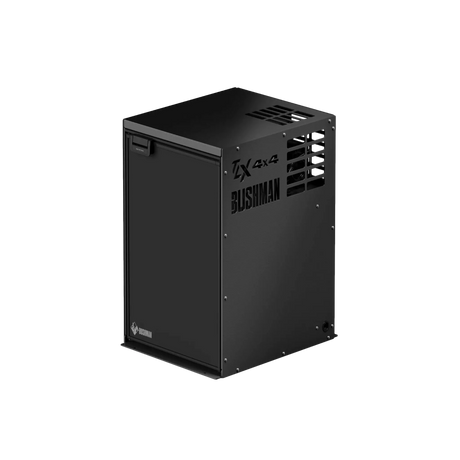 Bushman 65L Black Edition Fridge Box open angle view with front logo and vent.