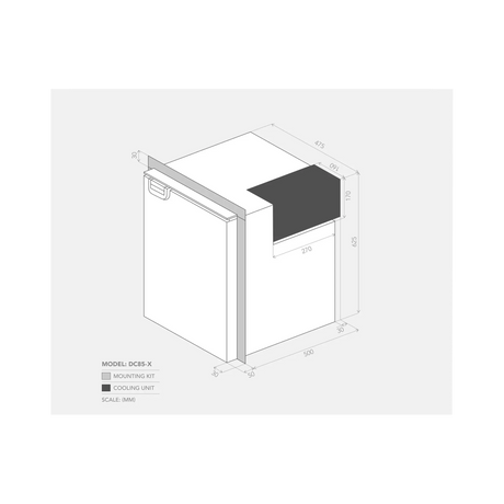 Bushman 85L upright fridge dimension drawing with mounting frame measurements and a shaded rear cooling unit.