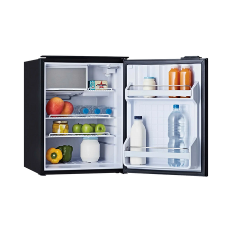 Bushman 85L black upright fridge fully open with stocked shelves, door racks and an upper freezer compartment.