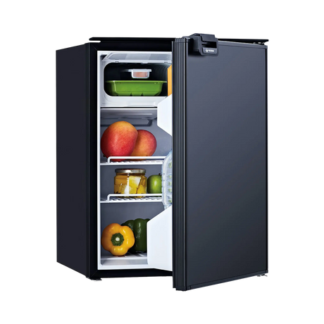Bushman 85L black upright fridge with its door partly open and food visible on the shelves.