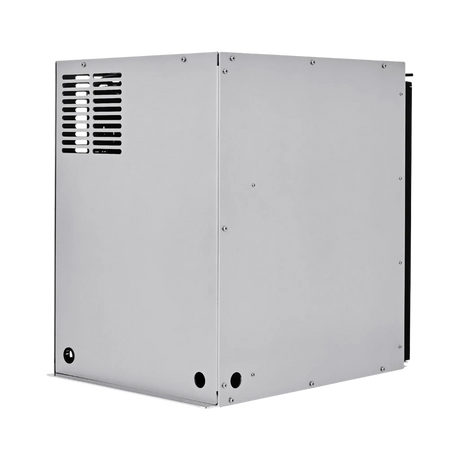 Bushman 85L aluminium fridge box rear angled view with a plain side panel and cable openings along the base.