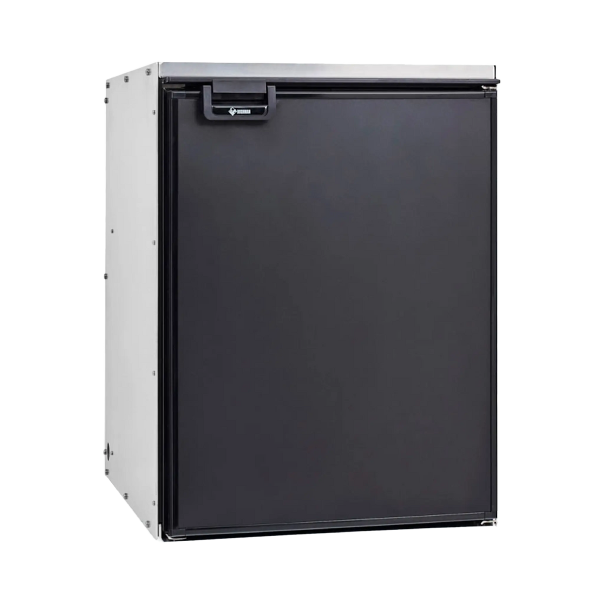 Bushman 85L aluminium fridge box front left view with a black fridge fitted and its door closed.