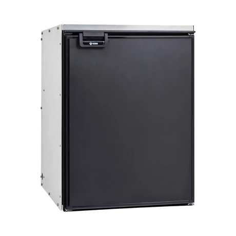 Bushman 85L aluminium fridge box front left view with a black fridge fitted and its door closed.