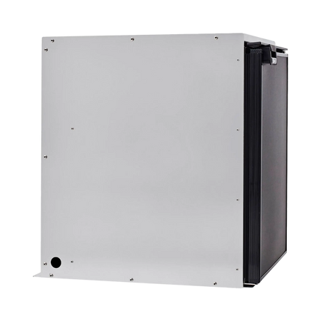 Bushman 85L aluminium fridge box left side view with a plain panel and circular cable opening.