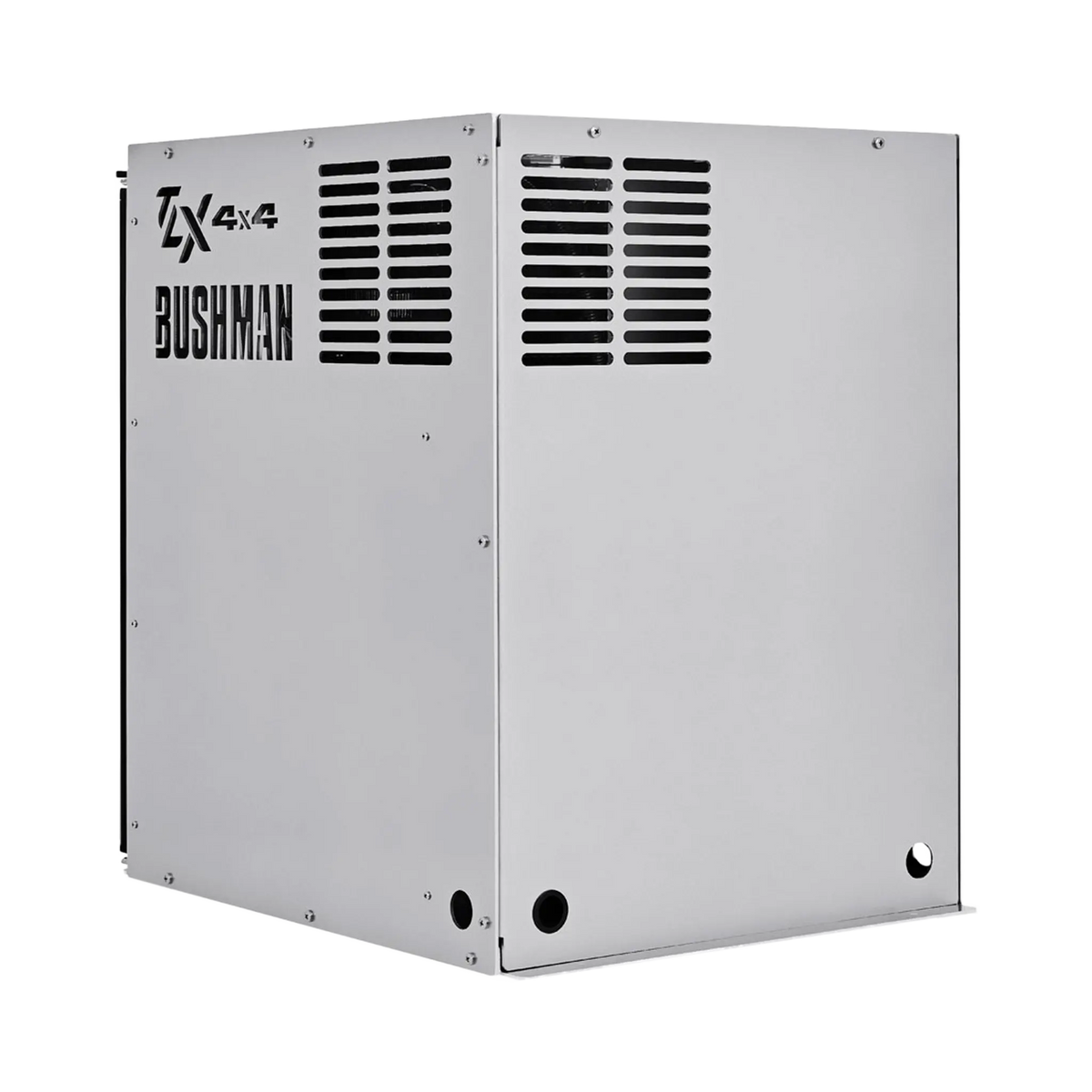 Bushman 85L aluminium fridge box rear corner view with vented panels and cutout logos on the side.