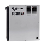 Bushman 85L aluminium fridge box right side view with vent slots and cutout logos beside a black fridge door.