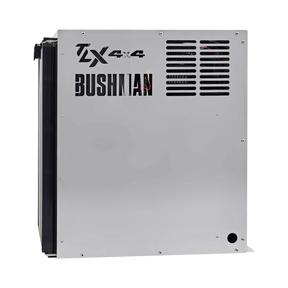 Bushman 85L aluminium fridge box right side view with vent slots and cutout logos beside a black fridge door.