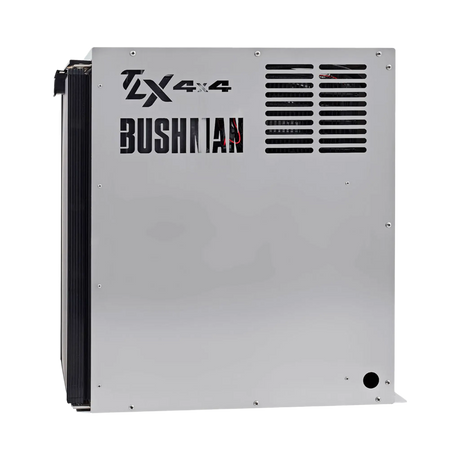 Bushman 85L aluminium fridge box right side view with vent slots and cutout logos beside a black fridge door.