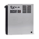 Bushman 85L aluminium fridge box right side view with vent slots and cutout logos beside a black fridge door.