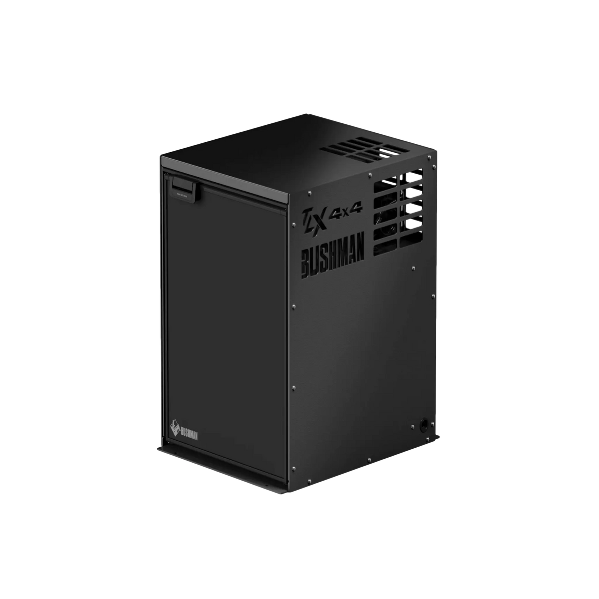 Bushman 85L Black Edition Fridge Box open angle view with front logo and vent.