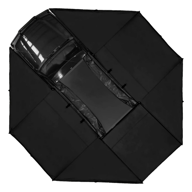 Bushwakka 360 Pro Awning top view on vehicle with black canvas opened around a rooftop tent.