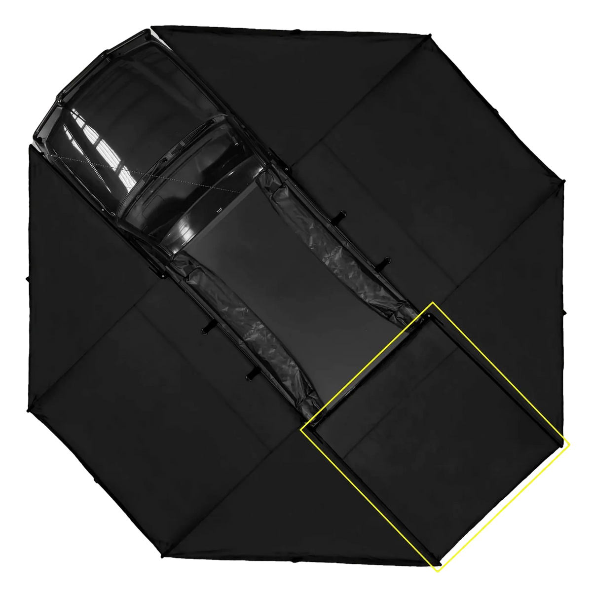 Bushwakka 360 Pro Awning top view with fill-in panel outlined on black canvas.
