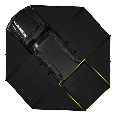 Bushwakka 360 Pro Awning top view with fill-in panel outlined on black canvas.