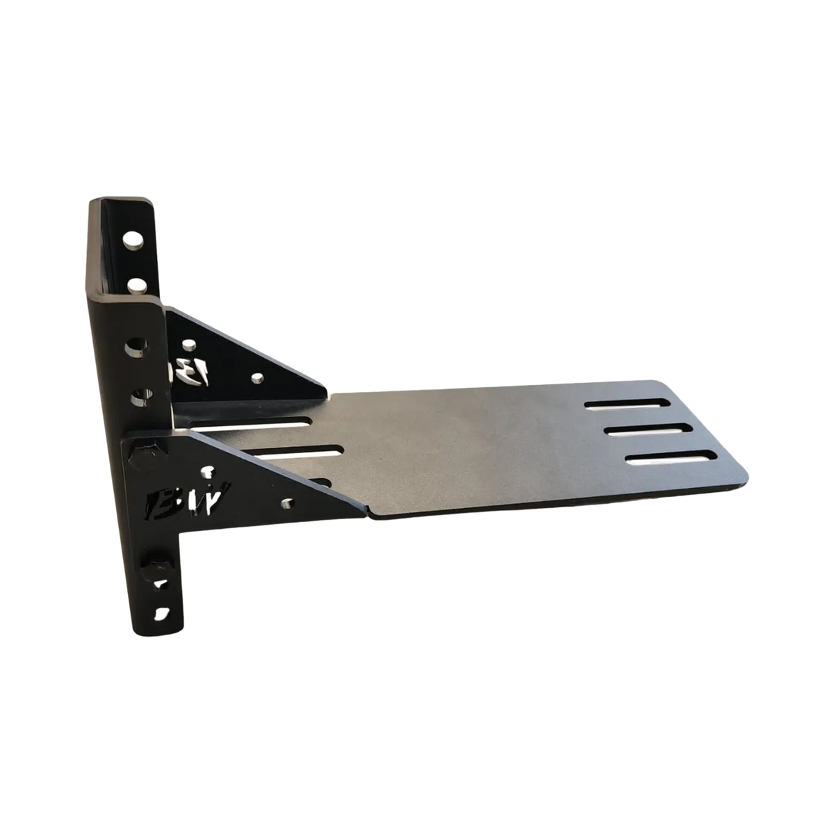 Bushwakka height adjustable awning T-Bracket pair angled view with slotted mounting plates and upright arms.