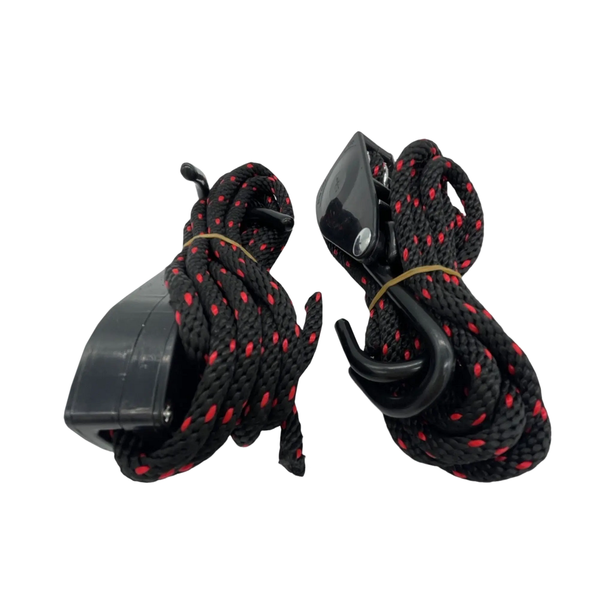 Bushwakka awning ratchet strap pair bundled into coils with the black hooks and ratchets tucked beside the cord.