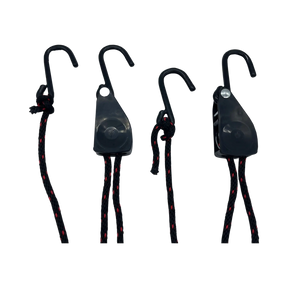 Bushwakka awning ratchet strap pair laid out with four hooks, black ratchets and black cord with red flecks.