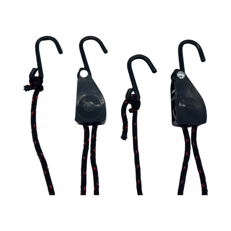 Bushwakka awning ratchet strap pair laid out with four hooks, black ratchets and black cord with red flecks.