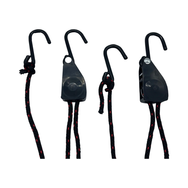Bushwakka awning ratchet strap pair laid out with four hooks, black ratchets and black cord with red flecks.