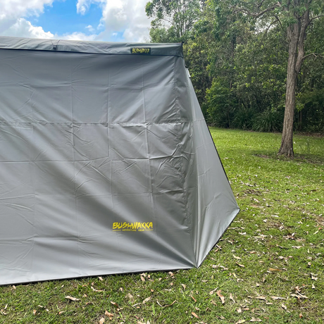 Bushwakka Extreme Darkness awning wall kit rear wall exterior close up showing the plain grey fabric panel.