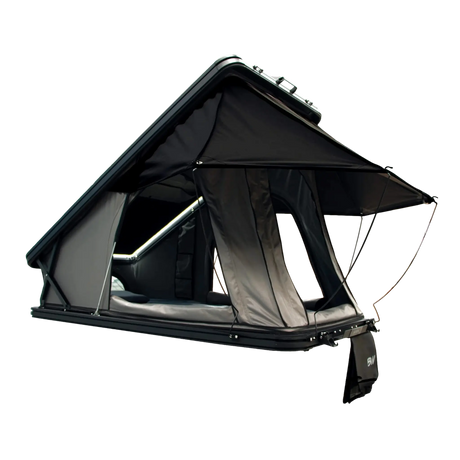 Bushwakka Doghouse rooftop tent rear angled view with open doors and extended rain fly.