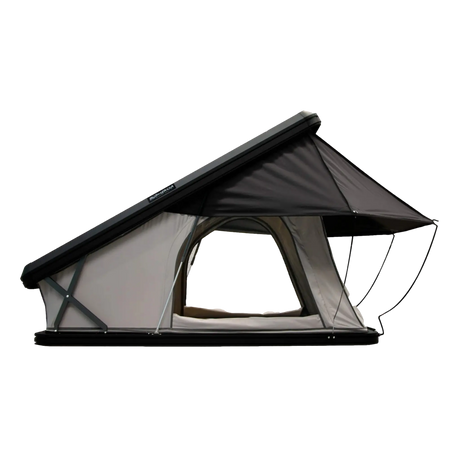 Bushwakka Doghouse rooftop tent side view with open window and rain fly extended over the rear opening.