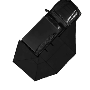 Bushwakka Driver Side Darkness 270 Pro Awning top view on vehicle with awning extended.