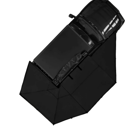 Bushwakka Driver Side Darkness 270 Pro Awning top view on vehicle with awning extended.