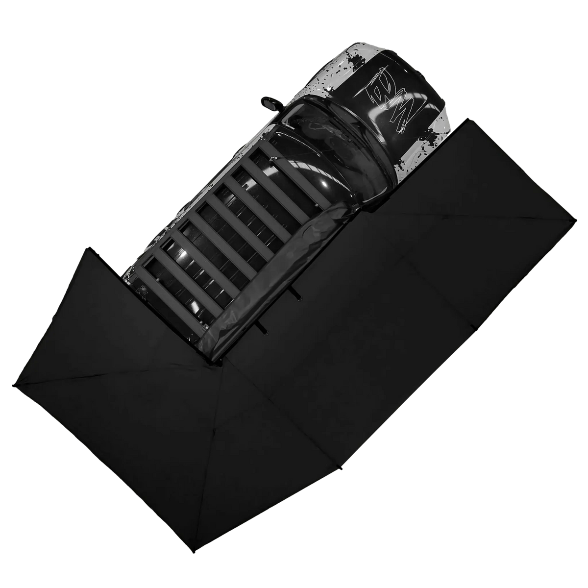 Bushwakka Driver Side XL Squared Pro 270 Awning top view on vehicle roof rack platform.