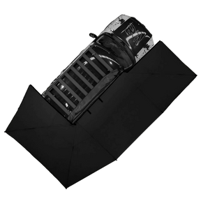Bushwakka Driver Side XL Squared Pro 270 Awning top view on vehicle roof rack platform.
