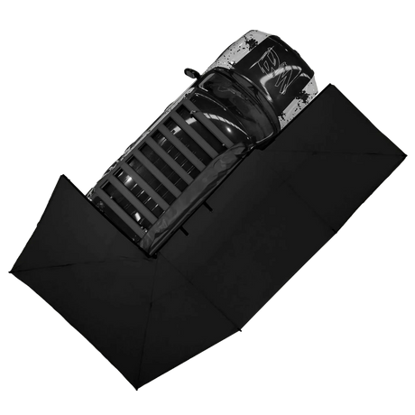 Bushwakka Driver Side XL Squared Pro 270 Awning top view on vehicle roof rack platform.