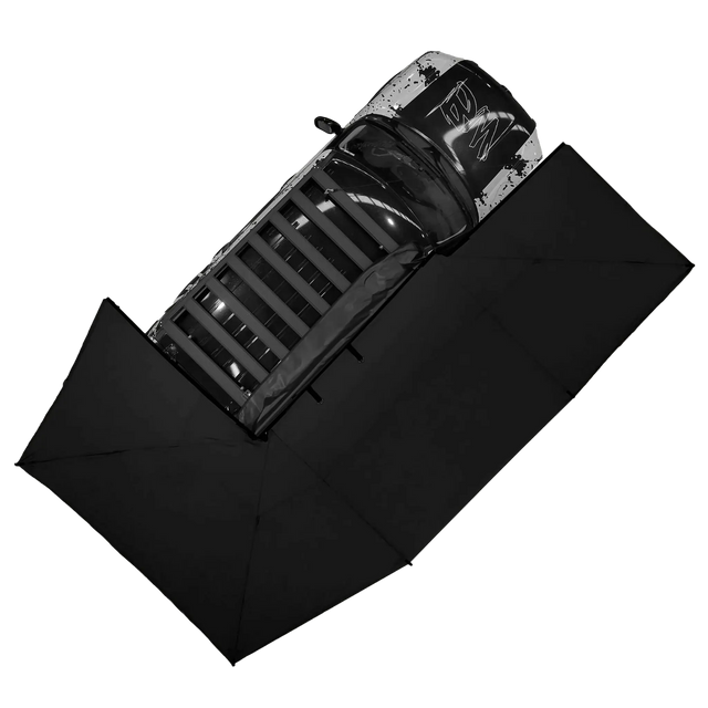 Bushwakka Driver Side XL Squared Pro 270 Awning top view on vehicle roof rack platform.