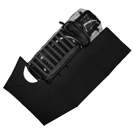 Bushwakka Driver Side XL Squared Pro D-Zip Awning aerial view.