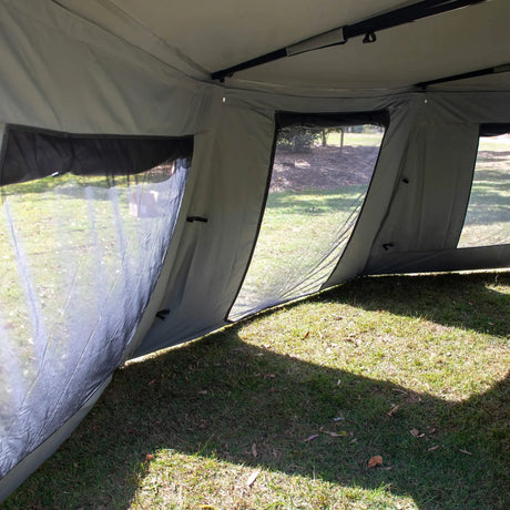 Bushwakka Extreme 180 awning wall kit interior view along open mesh windows.