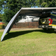 Bushwakka Extreme 180 degree awning wall rear view with the sloping panel beside the tailgate of a 4WD.