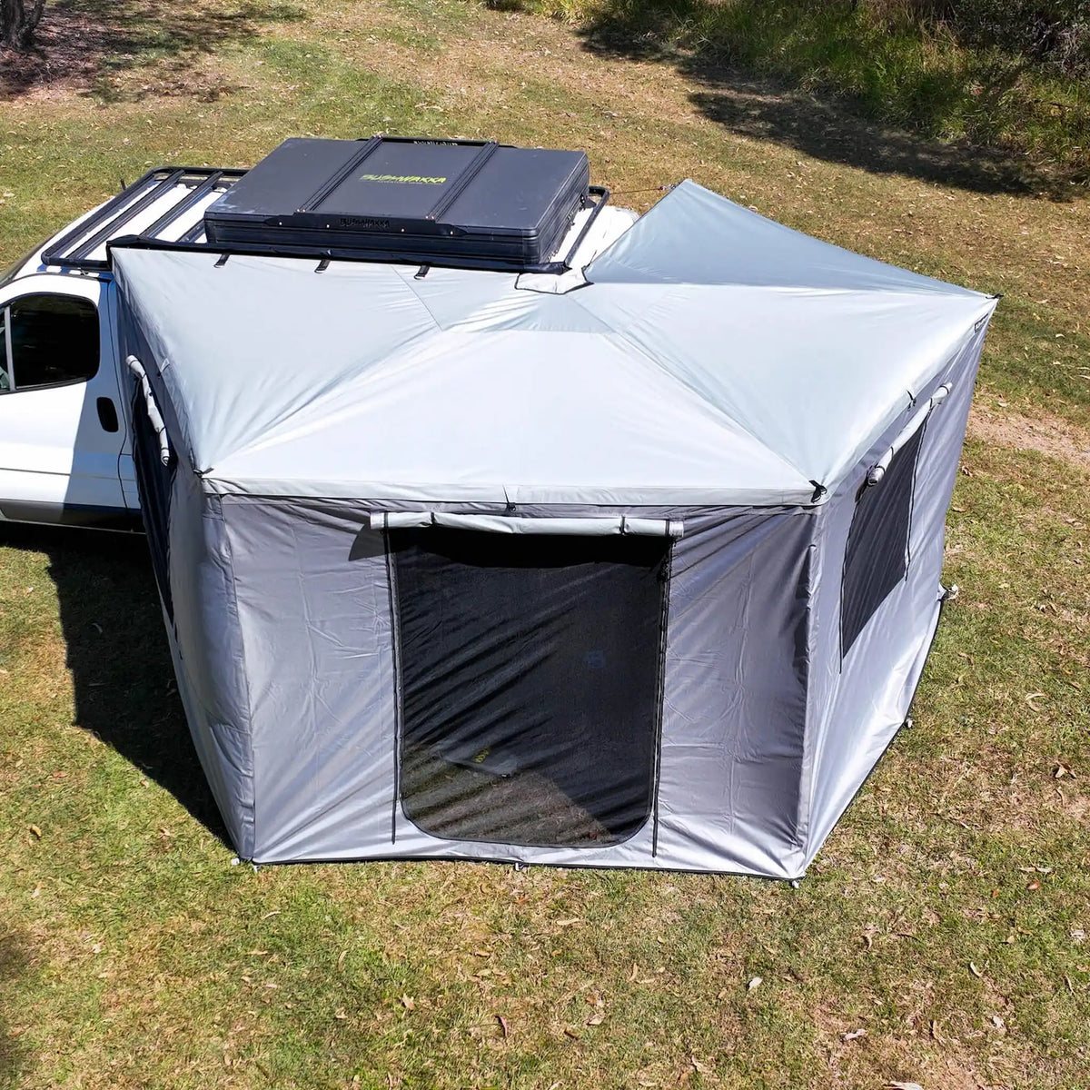 Bushwakka Extreme 270 awning wall kit overhead installed view with doorway and side windows.