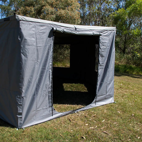 Bushwakka Extreme 270 awning wall kit exterior view with the doorway rolled open.