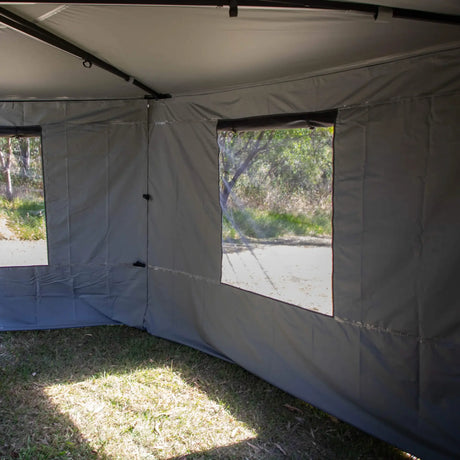 Bushwakka Extreme 270 awning wall kit interior view with two clear windows.