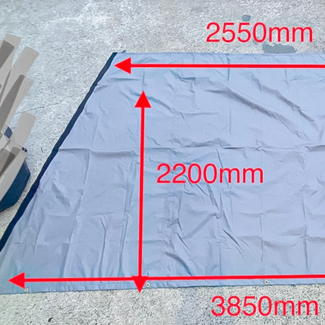 Bushwakka Extreme 270 degree awning wall laid flat with 2550mm top, 3850mm base and 2200mm height marked.
