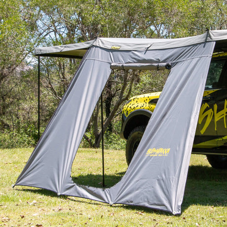 Bushwakka Extreme 270 awning single door wall close view with the doorway rolled open.