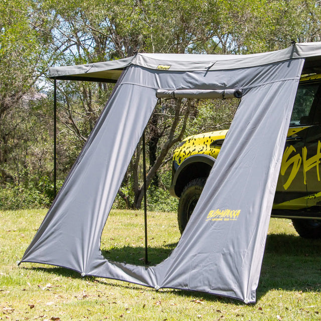 Bushwakka Extreme 270 awning single door wall close view with the doorway rolled open.