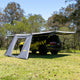 Bushwakka Extreme 270 awning single door wall front installed view with the doorway open.