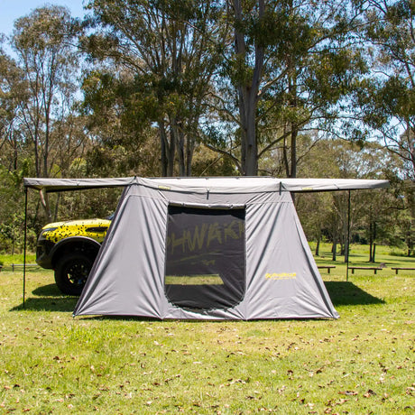 Bushwakka Extreme 270 awning single door wall front view with the mesh door closed.