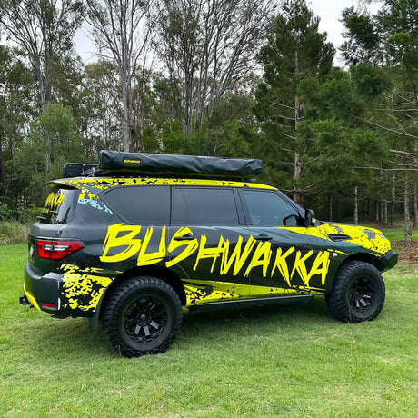 Bushwakka Extreme Shower Ensuite Double folded in storage bag on the vehicle roof rack.