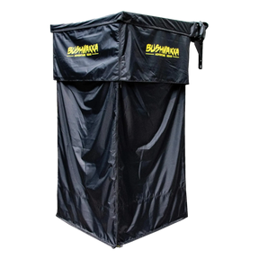 Bushwakka Extreme Shower Ensuite Single angled view with black walls zipped closed and yellow logos.