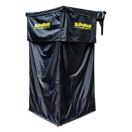 Bushwakka Extreme Shower Ensuite Single angled view with black walls zipped closed and yellow logos.