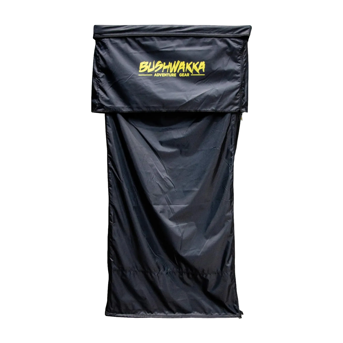 Bushwakka Extreme Shower Ensuite Single straight view with a closed black wall and yellow logo.