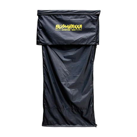 Bushwakka Extreme Shower Ensuite Single straight view with a closed black wall and yellow logo.