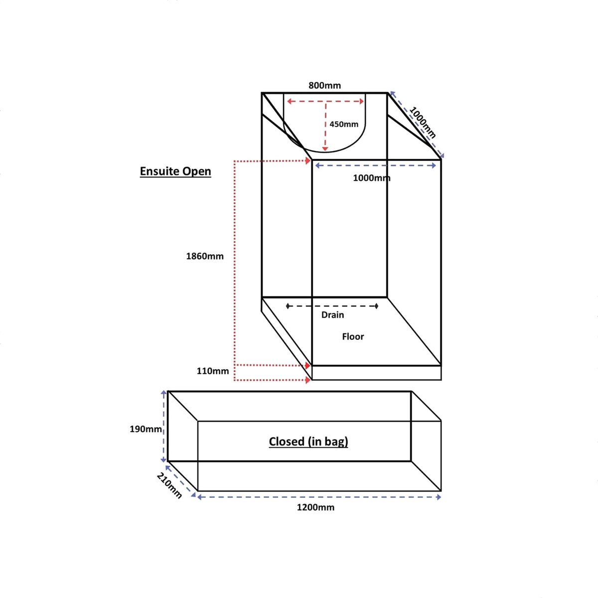 Bushwakka Extreme Shower Ensuite Single diagram with open enclosure and packed bag dimensions.