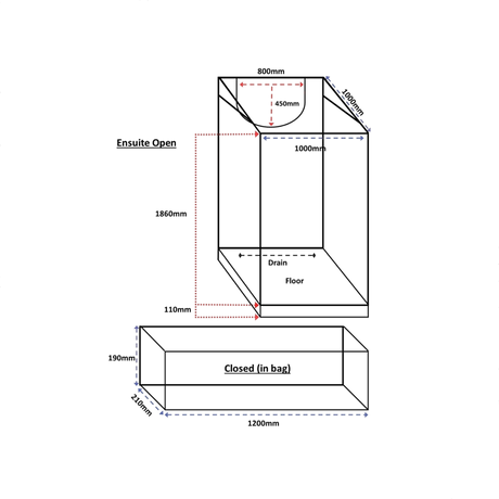 Bushwakka Extreme Shower Ensuite Single diagram with open enclosure and packed bag dimensions.