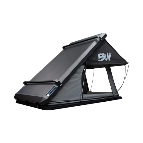 Bushwakka Nomad rooftop tent front right view with side window and rain fly.